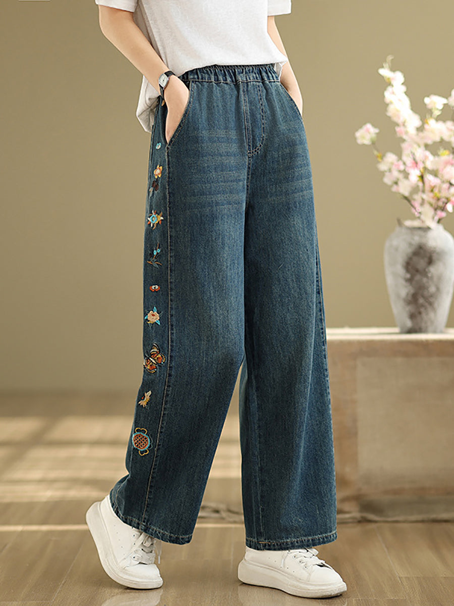 Hosen Stickerei Damen Weites Bein Retro Denim 