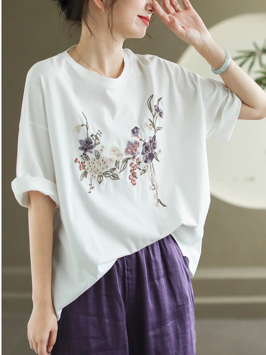 Women Summer Flower Embroidery Cotton O-Neck Shirt AS1007