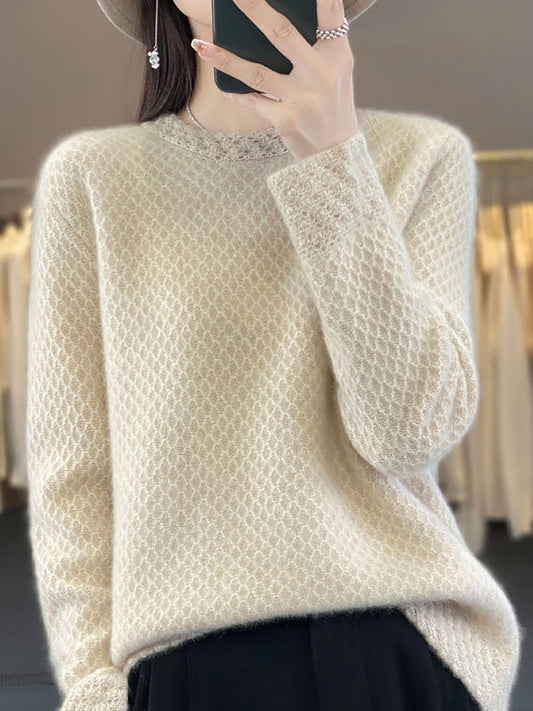 Women Autumn Solid Knit 100%Wool O-Neck Sweater QM005