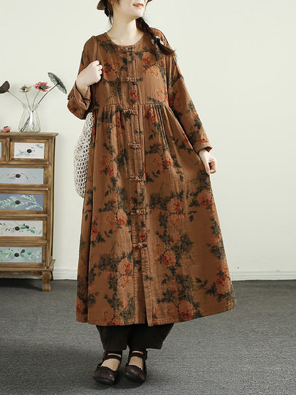 Women Ethnic Flower Button Linen Shirt Coat AI1017