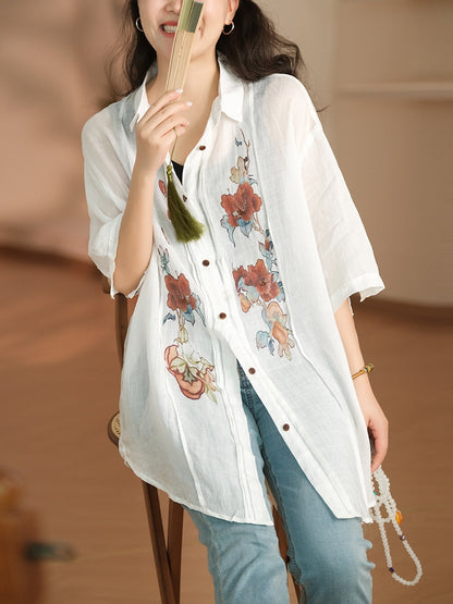 Women Summer Artsy Flower Shirred Button-up Ramie Shirt LL041