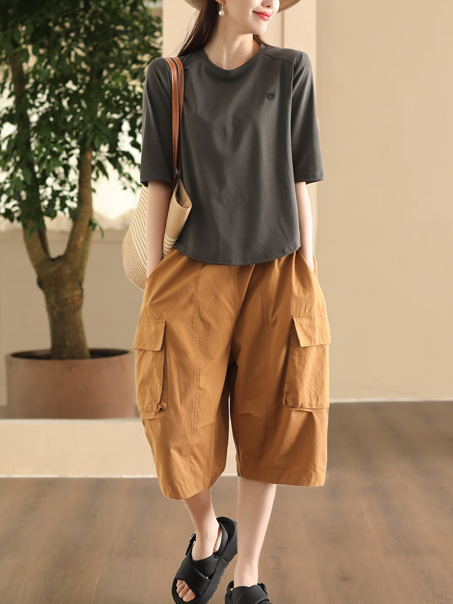 Women Summer Casual Solid Pocket Loose Cotton Fifth Pants FD022