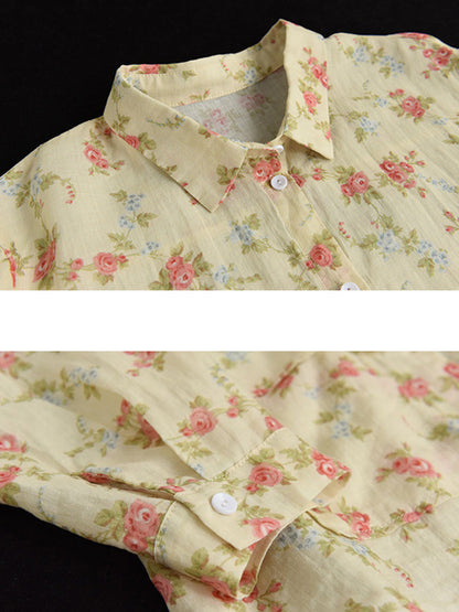 Women Vintage Floral Spring Button Up Ramie Blouse AT1089