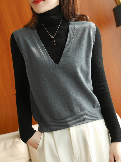 Women Casual Wool Solid V-Neck Knit Vest AK1045