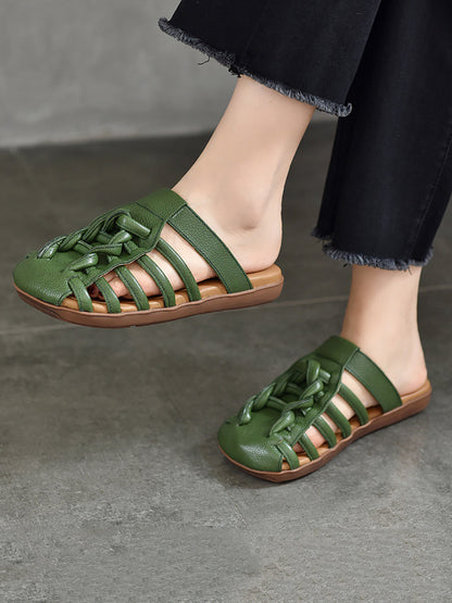 Women Summer Solid Leather Spliced Flat Slippers UI1025