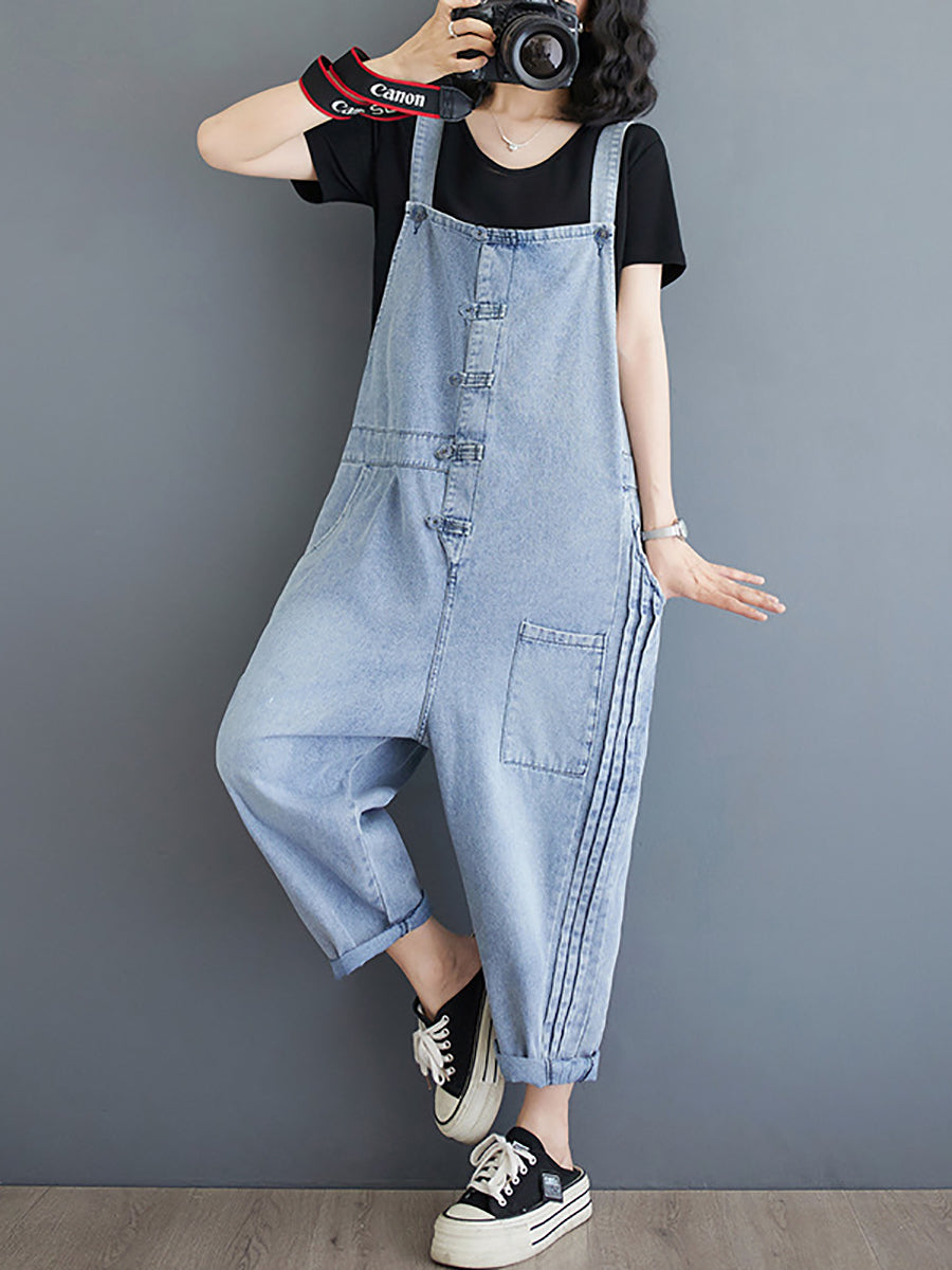 Women Summer Casual Solid Denim Shirred Jumpsuits AT1032