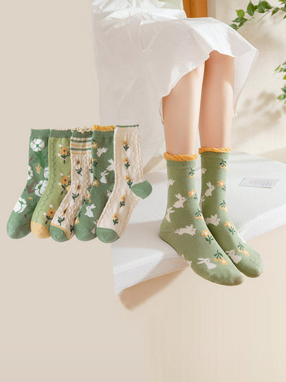 5 Pairs Women Artsy Flower Green Mid-Calf Socks IO1011