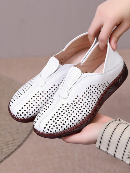 Women Summer Solid Casual Leather Cutout Flat Shoes HH048