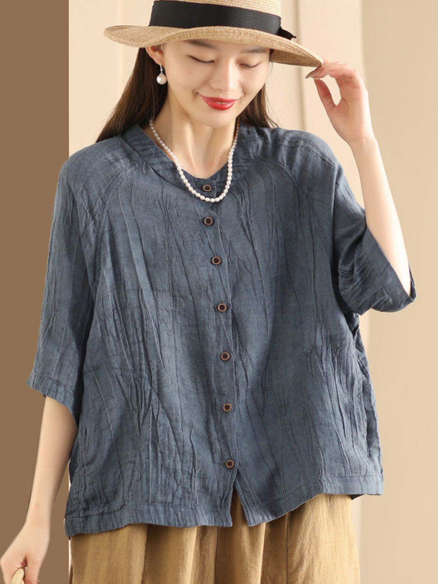 Women Summer Retro Solid Linen Button-up Shirt XX1012