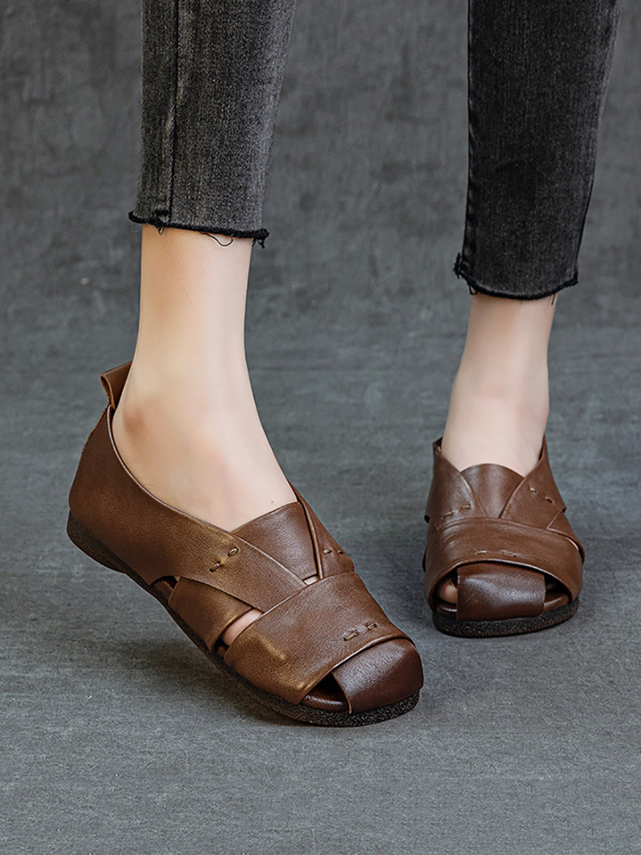 Sandales plates vintage en cuir véritable pour femmes