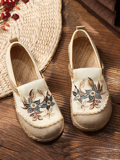 Women Ethnic Flower Embroidery Linen Cotton Flat Shoes AH1062