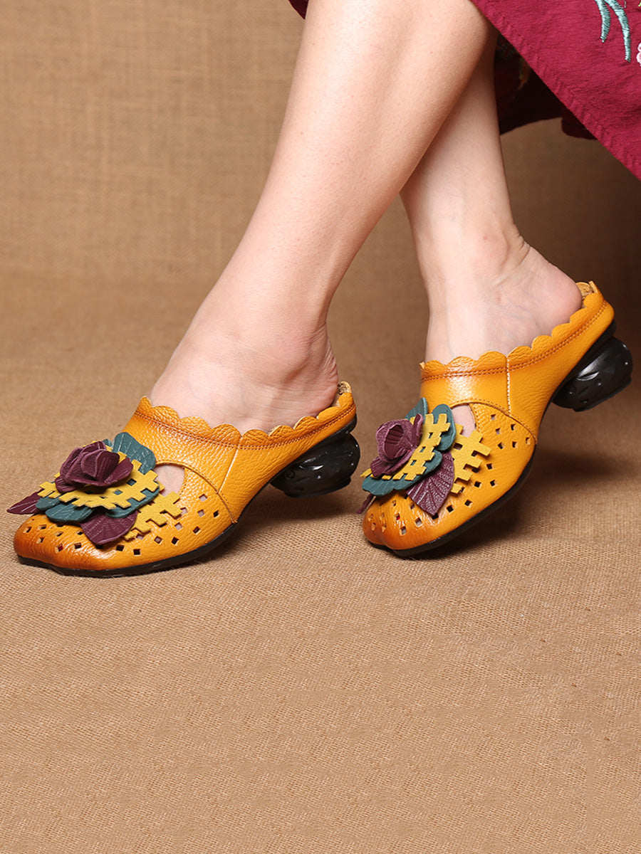 Women Summer Ethnic Leather Flower Spliced Low Heel Sandals FD014