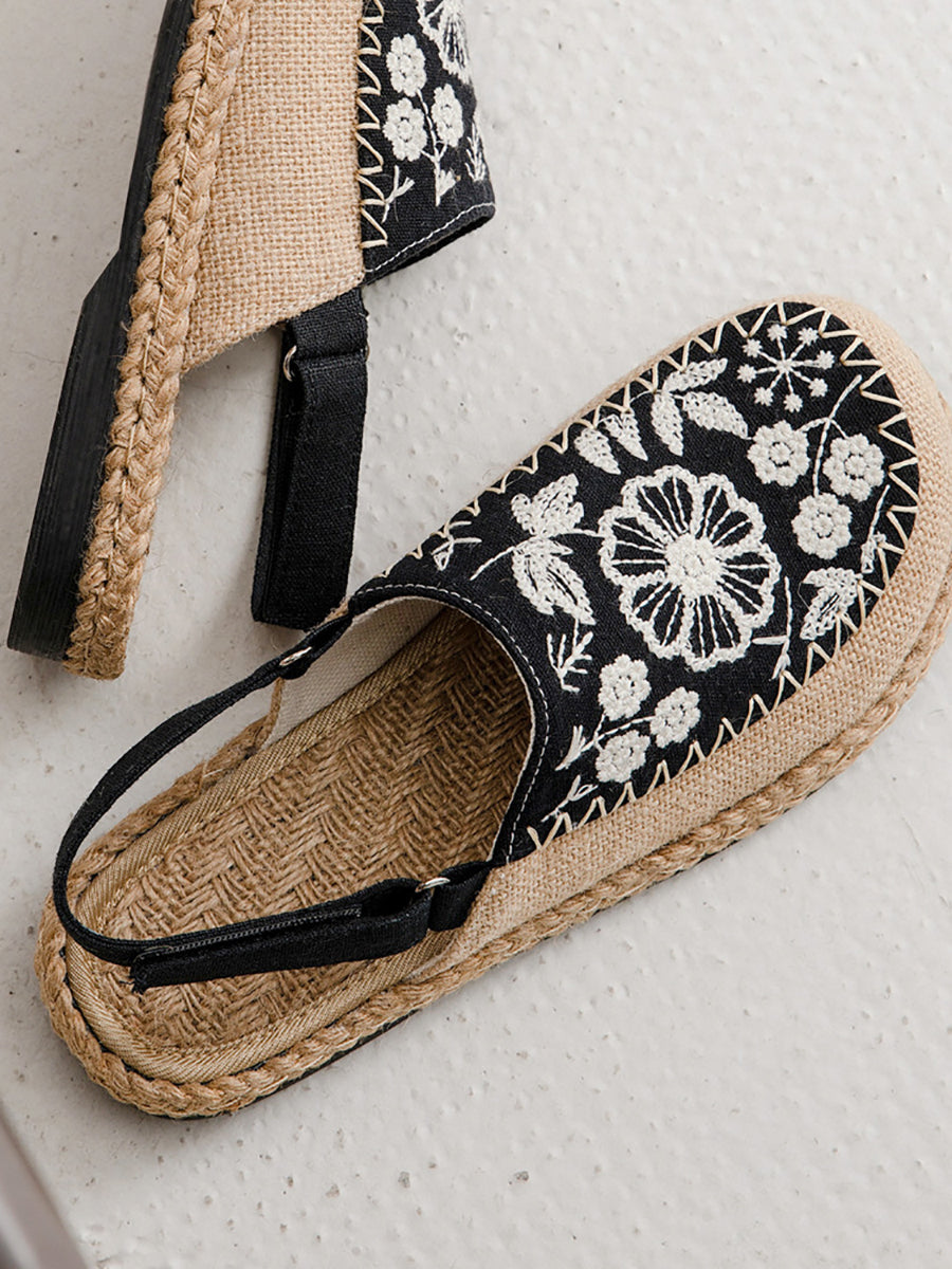 Sandales pour femmes en lin brodées de fleurs ethniques
