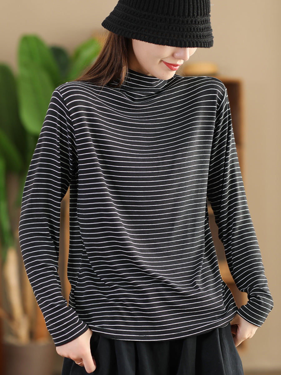 Women Autumn Casual Stripe Half Turtleneck Blouse AI1064