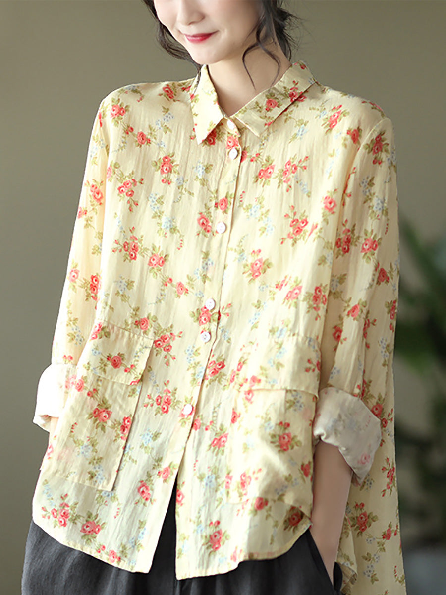 Women Vintage Floral Spring Button Up Ramie Blouse AT1089