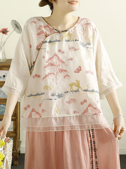 Women Vintage Summer Embroidery Ramie O-Neck Shirt OO1007