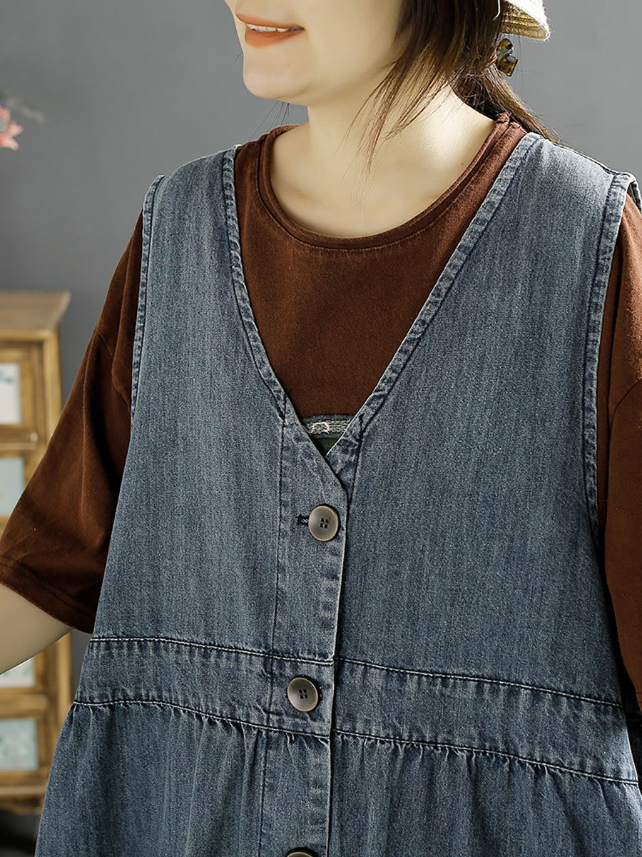 Women Casual Cotton Button-Up Spring Denim Vest Dress SC1044