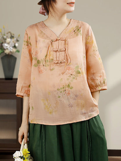 Women Summer Vintage Flower Buckle V-Neck Ramie Shirt HH014