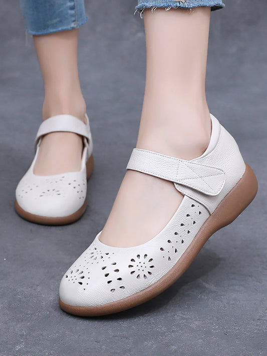 Women Summer Artsy Solid Leather Cutout Flat Shoes FG1024
