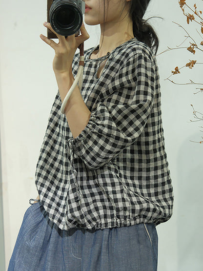 Women Summer Casual Plaid Linen Strap Shirt AS1064