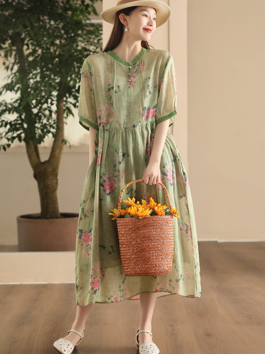 Women Summer Vintage Floral Strap Ramie Dress CX008