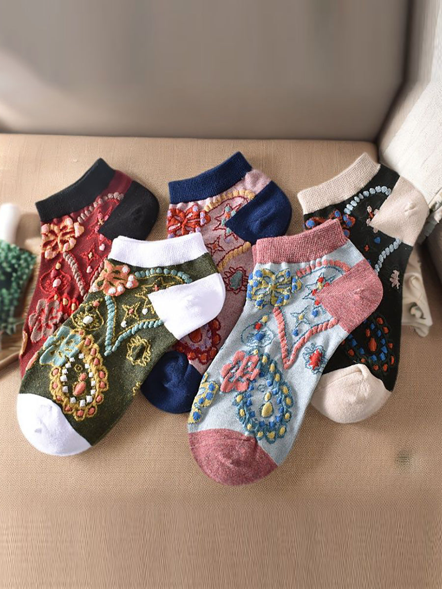 5 Pairs Women Summer Flower Jacquard Short Socks KL1039