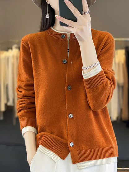 Women Autumn Colorblock Knit 100%Wool O-Neck Sweater QM006