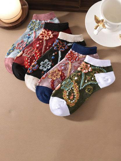 5 Pairs Women Summer Flower Jacquard Short Socks CO1040