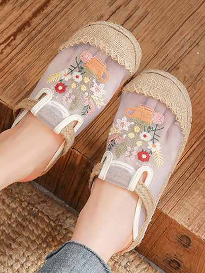 Women Summer Flower Embroidery Linen Spliced Shoes TY1030