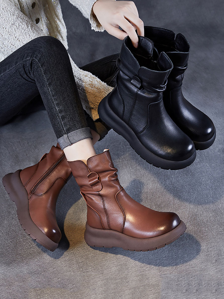 Women Winter Genuine Leather Spliced Low Heel Boots AX1045