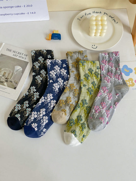 Lot de 5 paires de chaussettes en coton à imprimé floral vintage pour femme AH1025