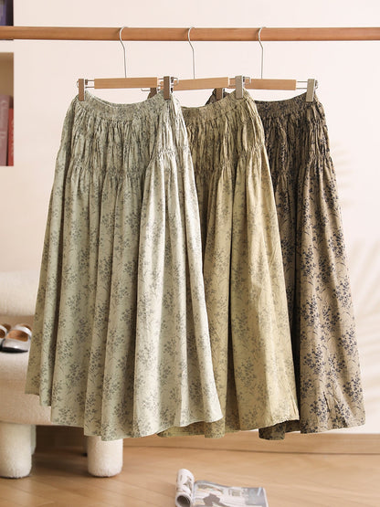 Women Summer Artsy Floral Shirred Cotton Skirt AH345