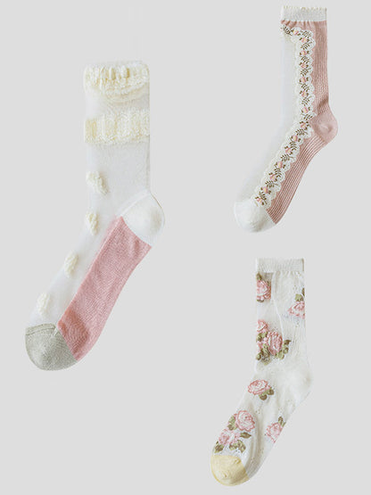 3 Pairs Women Elegant Flower Lace Spliced Thin Socks ZZ1010