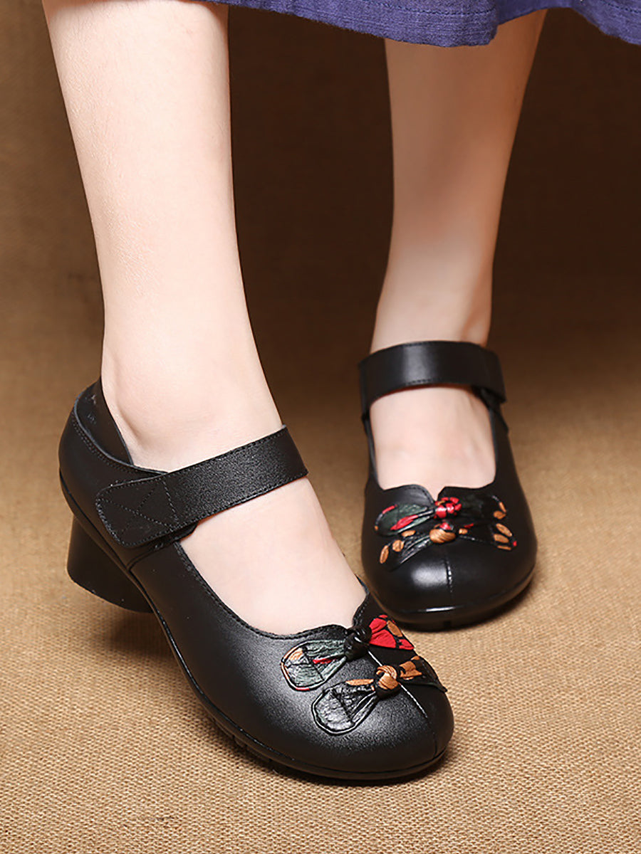 Women Summer Vintage Leather Spliced Mid-Heel Shoes II1014