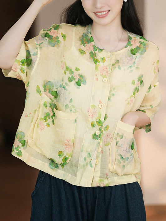 Women Summer Artsy Flower Button-up Pocket Ramie Shirt CC047