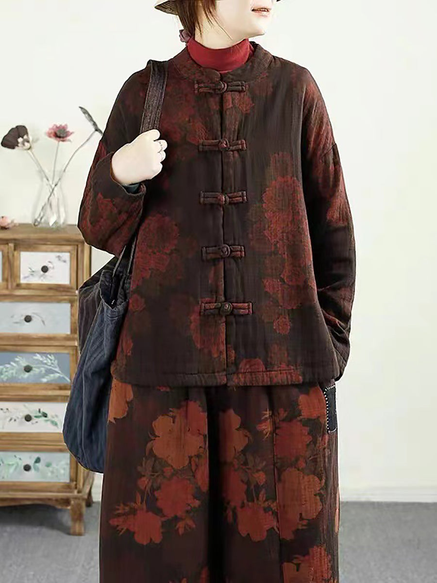 Women Ethnic Autumn Flower Buckle Cotton Stand Collar Coat BA1046