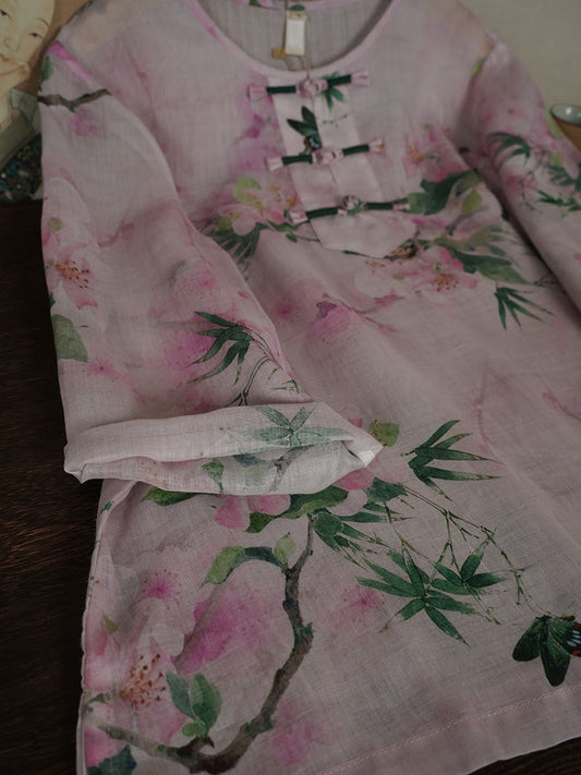 Chemise d'été à boucle en ramie à fleurs ethniques pour femmes PA1015