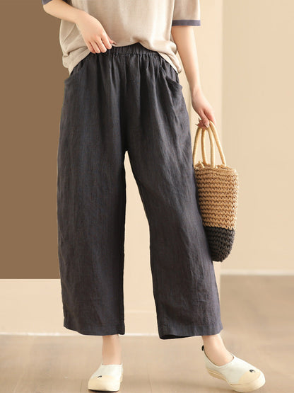 Women Summer Vintage Solid Linen Wide-leg Pants AA1017