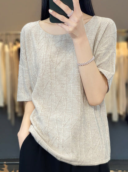 Women Summer Solid Jacquard Loose Half-Sleeve Shirt WE1033