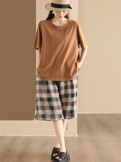 Women Summer Casual Plaid Linen Wide-leg Pants PP1028