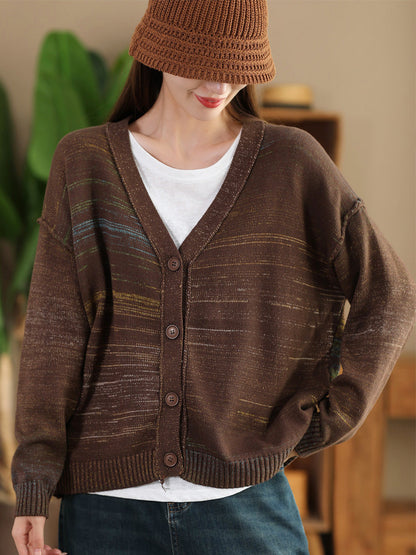 Women Autumn Artsy Colorful Knit V-Neck Cardigan Sweater AI1077