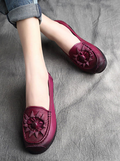 Women Vintage Flower Genuine Leather Low Heel Shoes AS1005