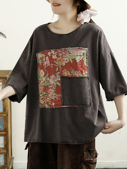 Women Summer Vintage Floral Spliced Cotton Shirt TY1042