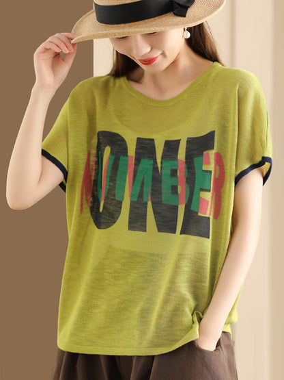 Women Summer Letter Printing Knitted Loose Shirt OP1049