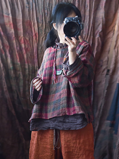 Women Spring Linen Retro Plaid Loose Shirt RR008