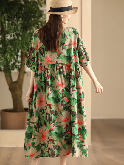 Women Summer Vintage Flower Linen Loose Dress FD043