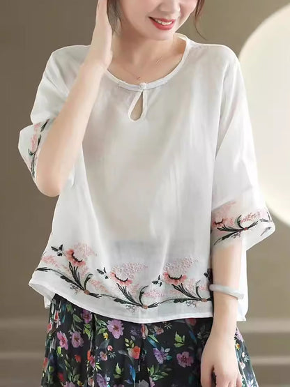 Women Summer Vintage Floral Embroidery Ramie Shirt AS1045