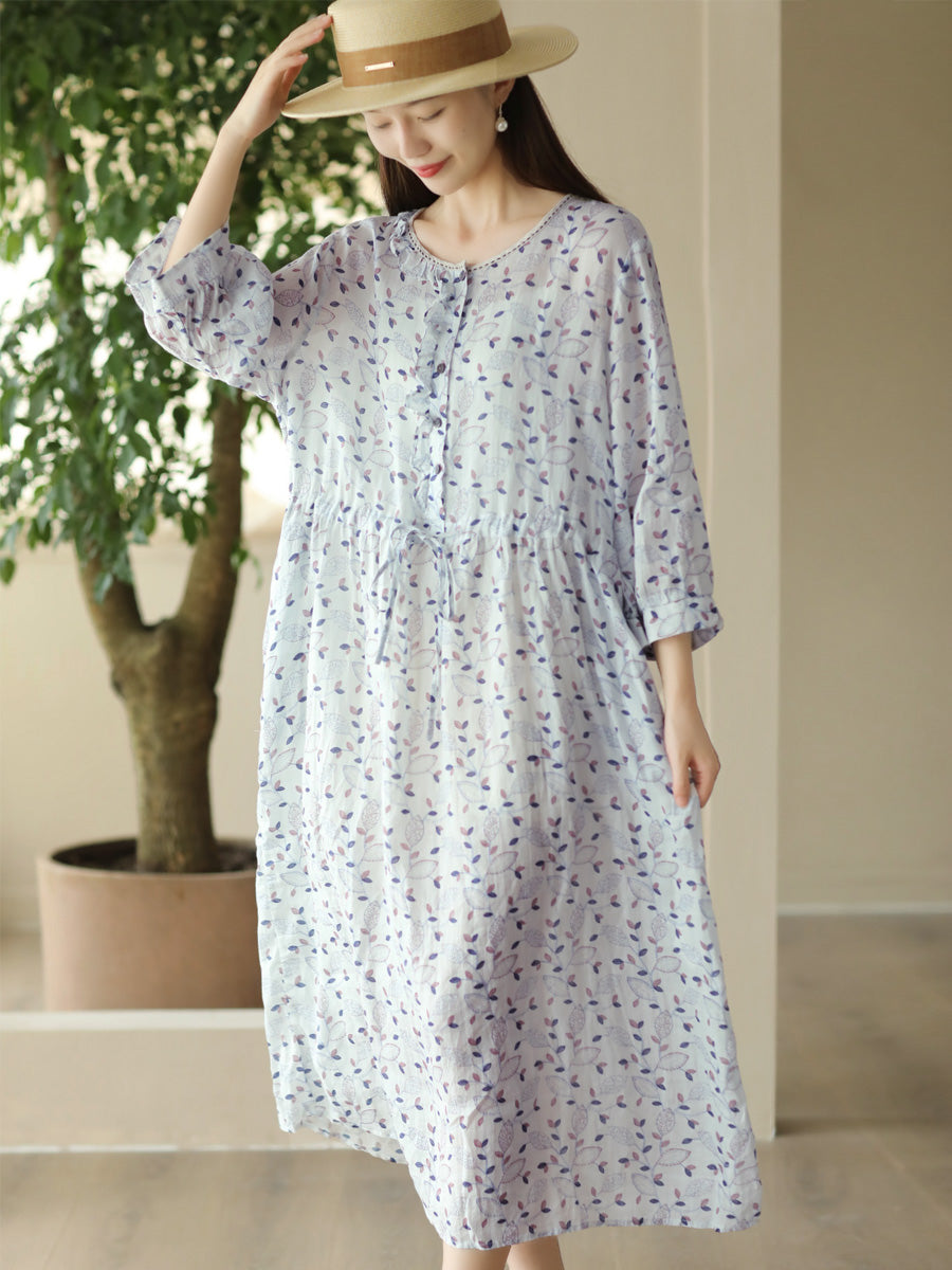 Robe d'été à bretelles et col rond pour femme en ramie à imprimé floral FD010