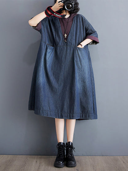 Women Summer Casual Spliced Denim Hooded Dress WE1034