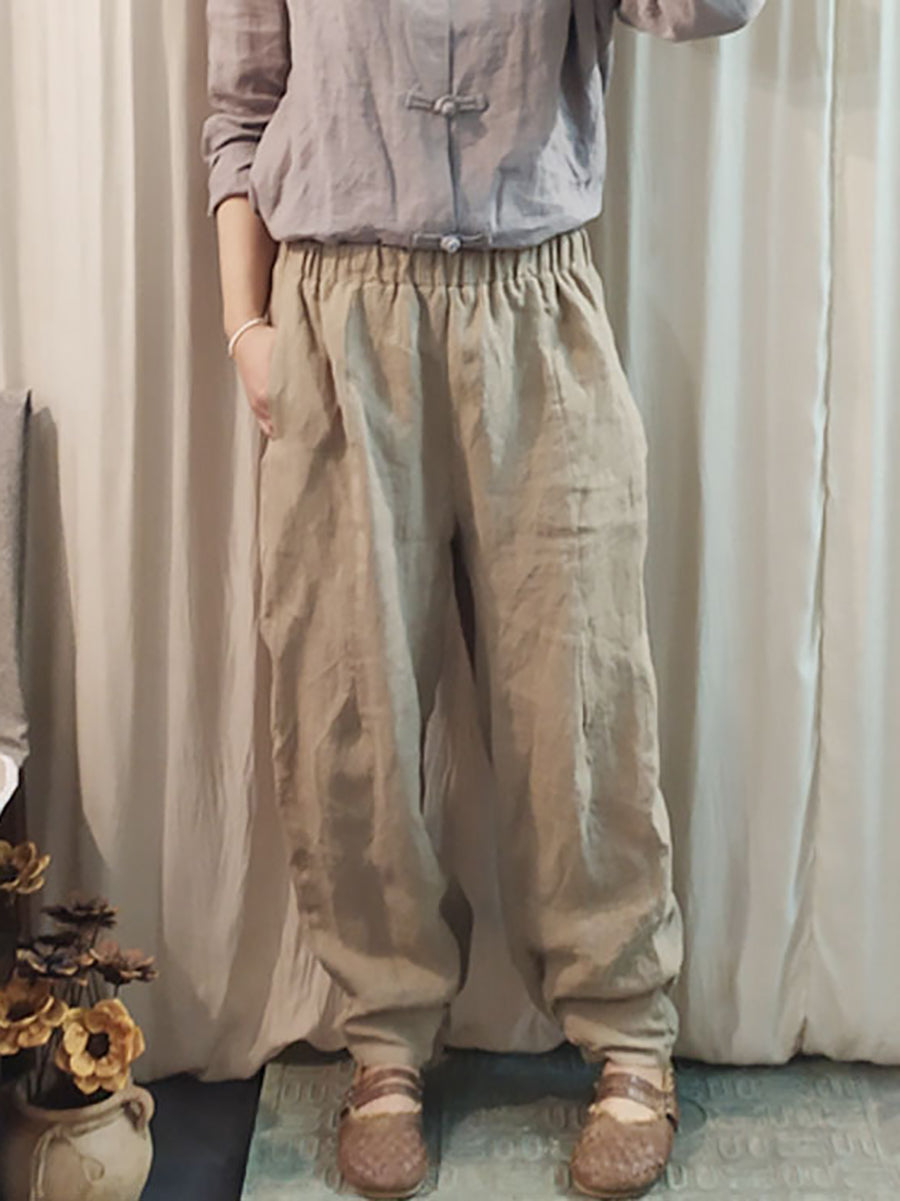 Women Spring Vintage Solid Solid Ramie Loose Pants KL1032